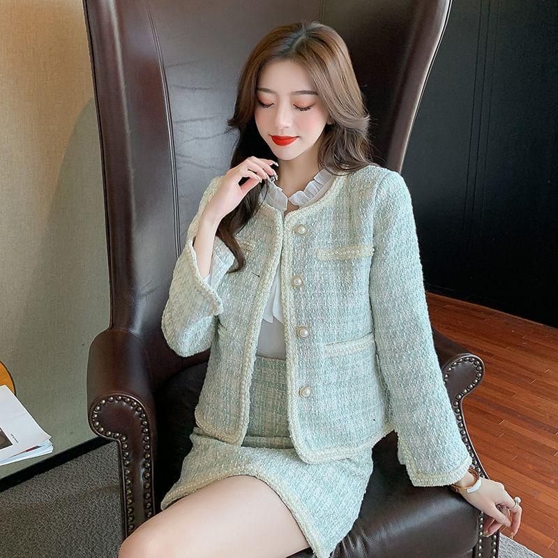 Faux Pearl Button-Up Tweed Jacket / High Rise Mini A-Line Skirt / Puff-Sleeve Ruffle Tie-Neck Plain Blouse / Set Product Image