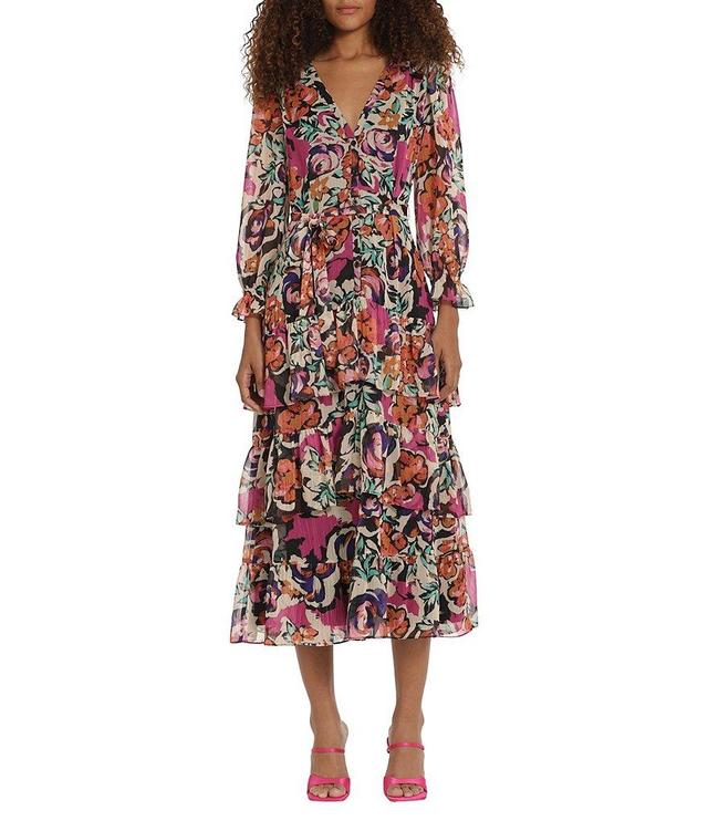 Donna Morgan Printed V Neckline Long Sleeve Tiered Midi Dress Product Image