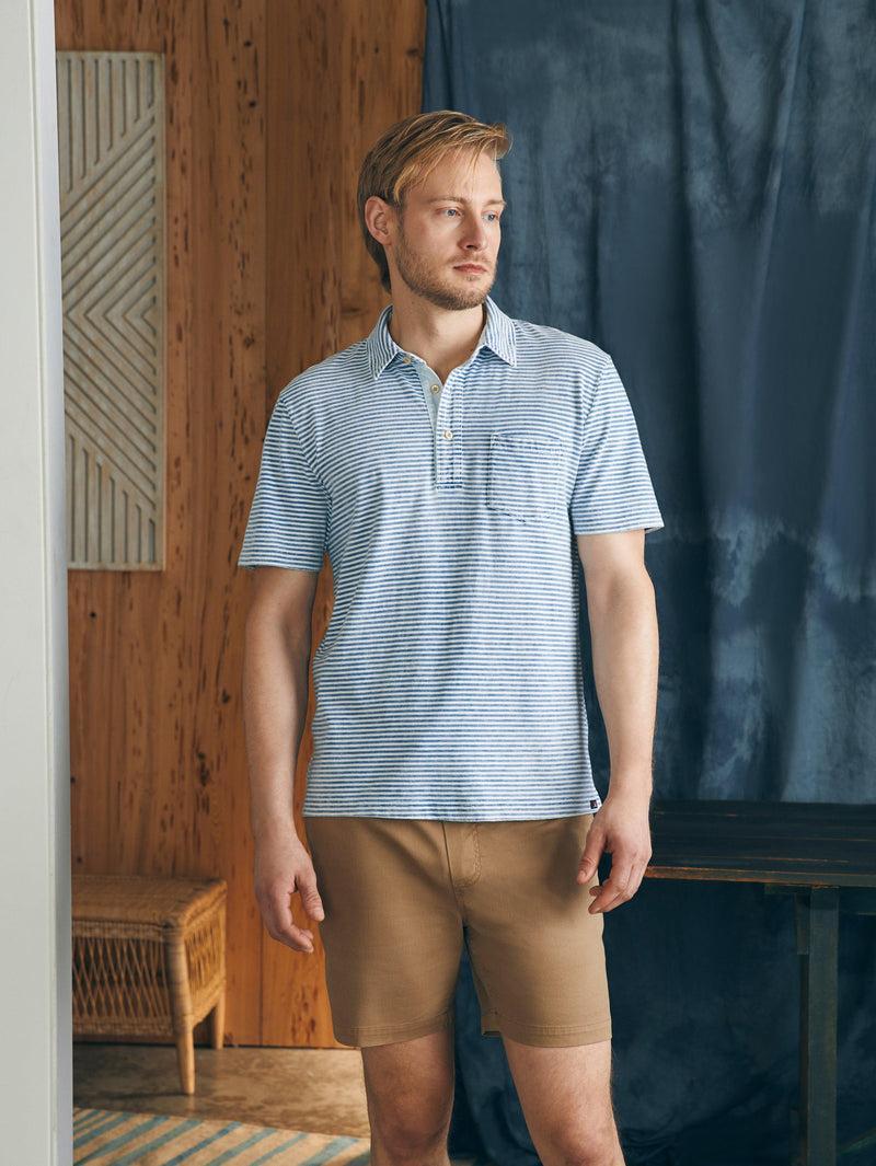 Short-Sleeve Indigo Polo Shirt - Azure Stream Stripe Product Image