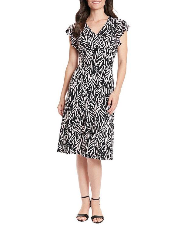 London Times Petite Size Ruffle Cap Sleeve V-Neck Printed Matte Jersey Dress Product Image