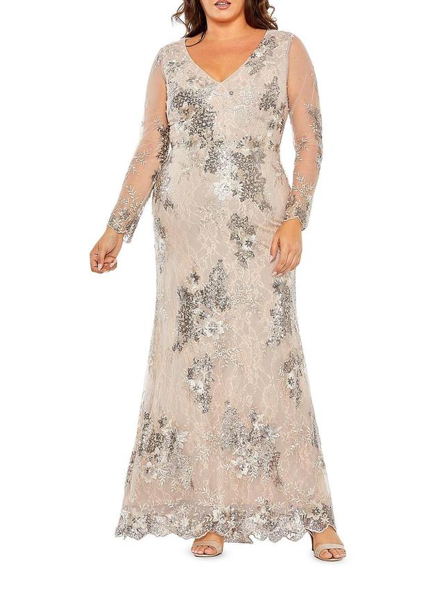 FABULOUSS BY MAC DUGGAL Sequin Embroidered Illusion Long Sleeve Gown Product Image