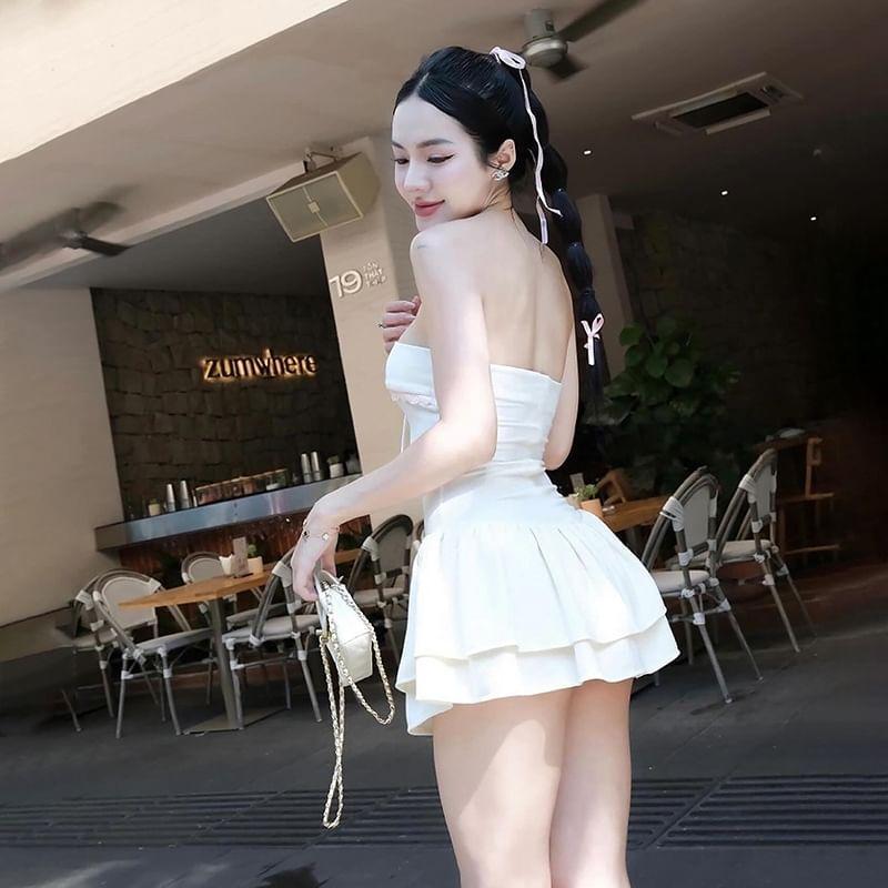 Sleeveless Lace Panel Bow Accent Plain Slim-Fit Mini Layered Dress Product Image