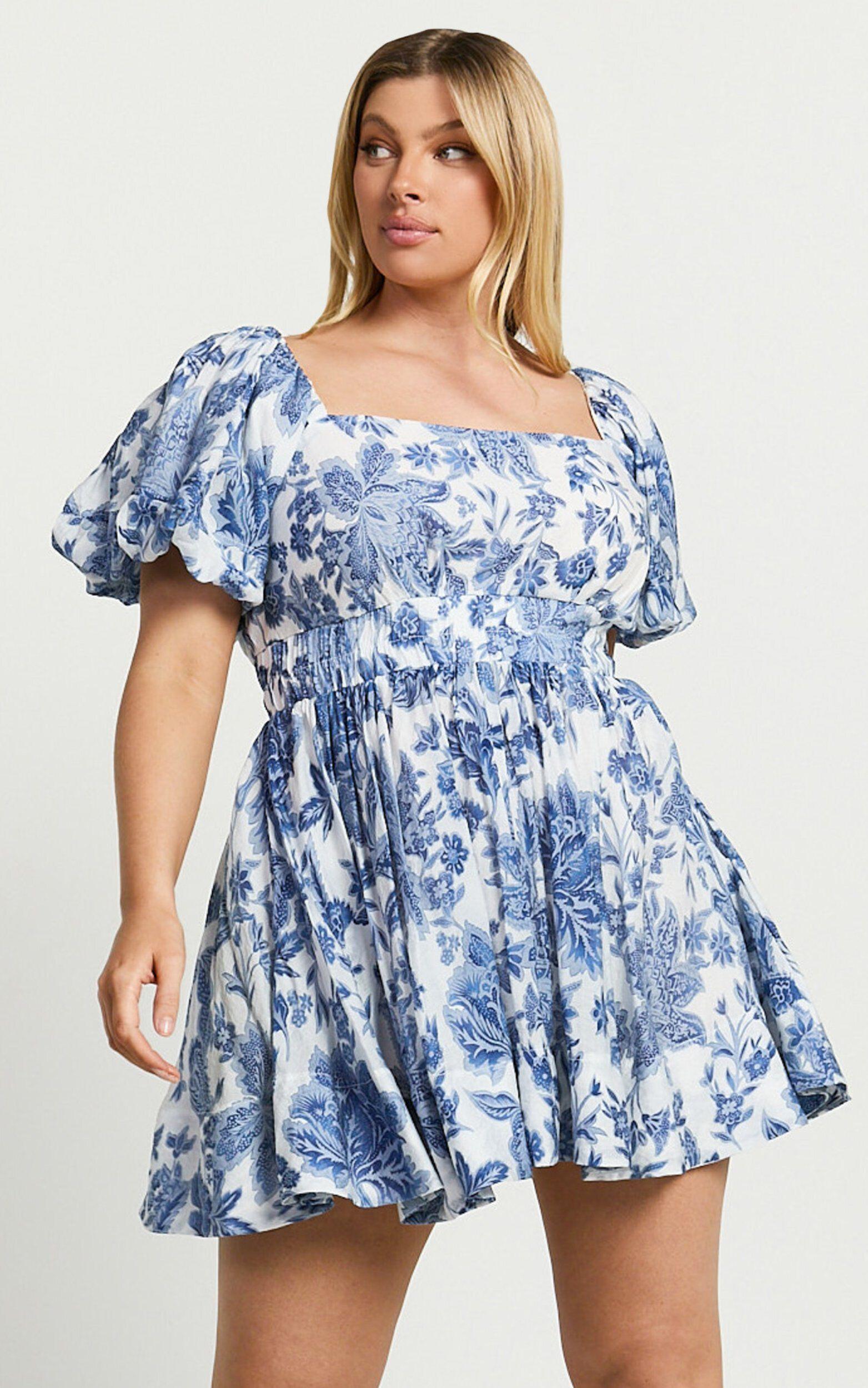 Mira Mini Dress - Square Neck Balloon Sleeve Dress in Blue Floral Product Image