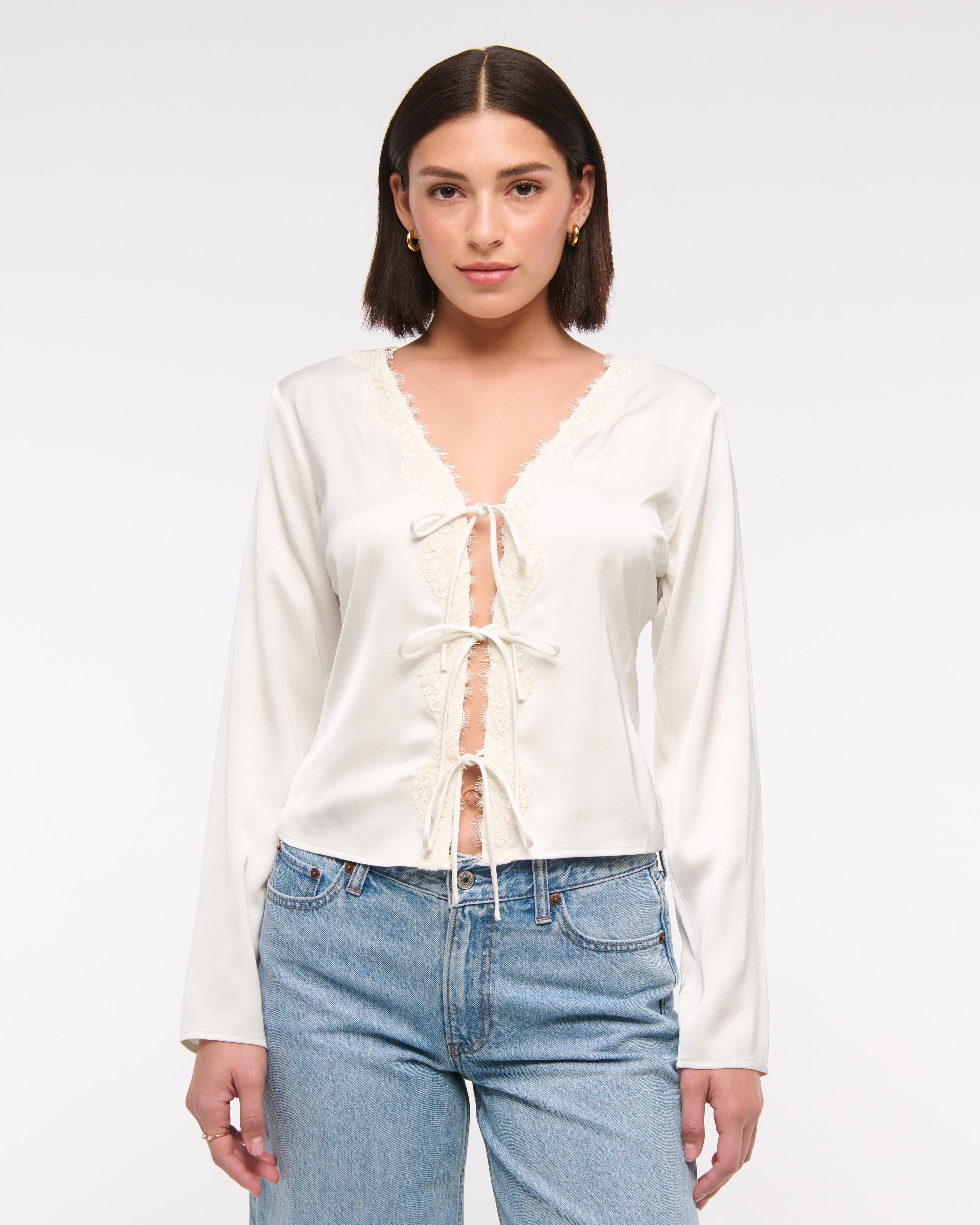 Long-Sleeve Lace-Trim Tie-Front Top Product Image