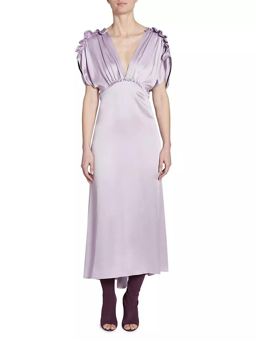 Satin V-Neck Ruffled Midi-Dress Product Image