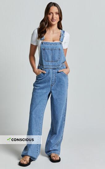 Brixton Jumpsuit - Straight Leg Denim Overalls in Mid Blue Wash Product Image