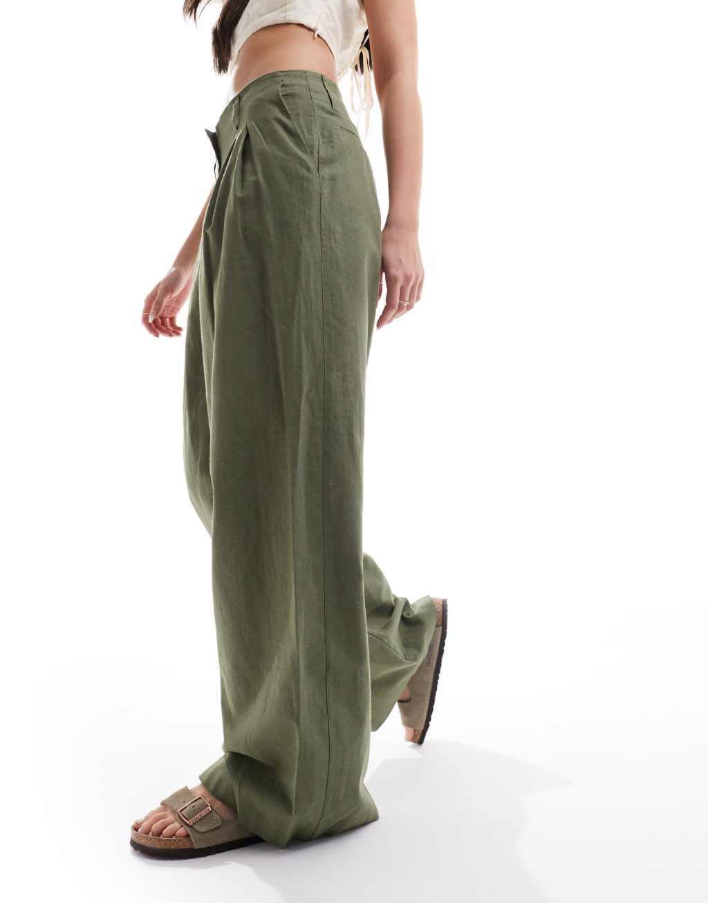 Monki linen mix tailored wide leg pants in khaki Product Image