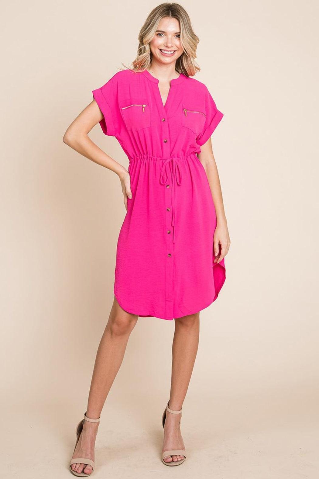 Button Up Tie Waist V Neck Shirt Dress Female Product Image