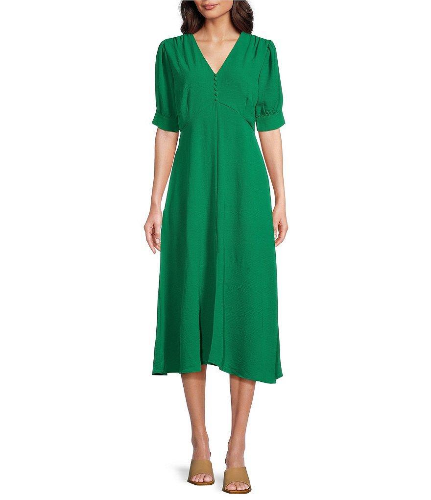 Leslie Fay Short Sleeve V-Neck Empire Waist Midi Dress Product Image