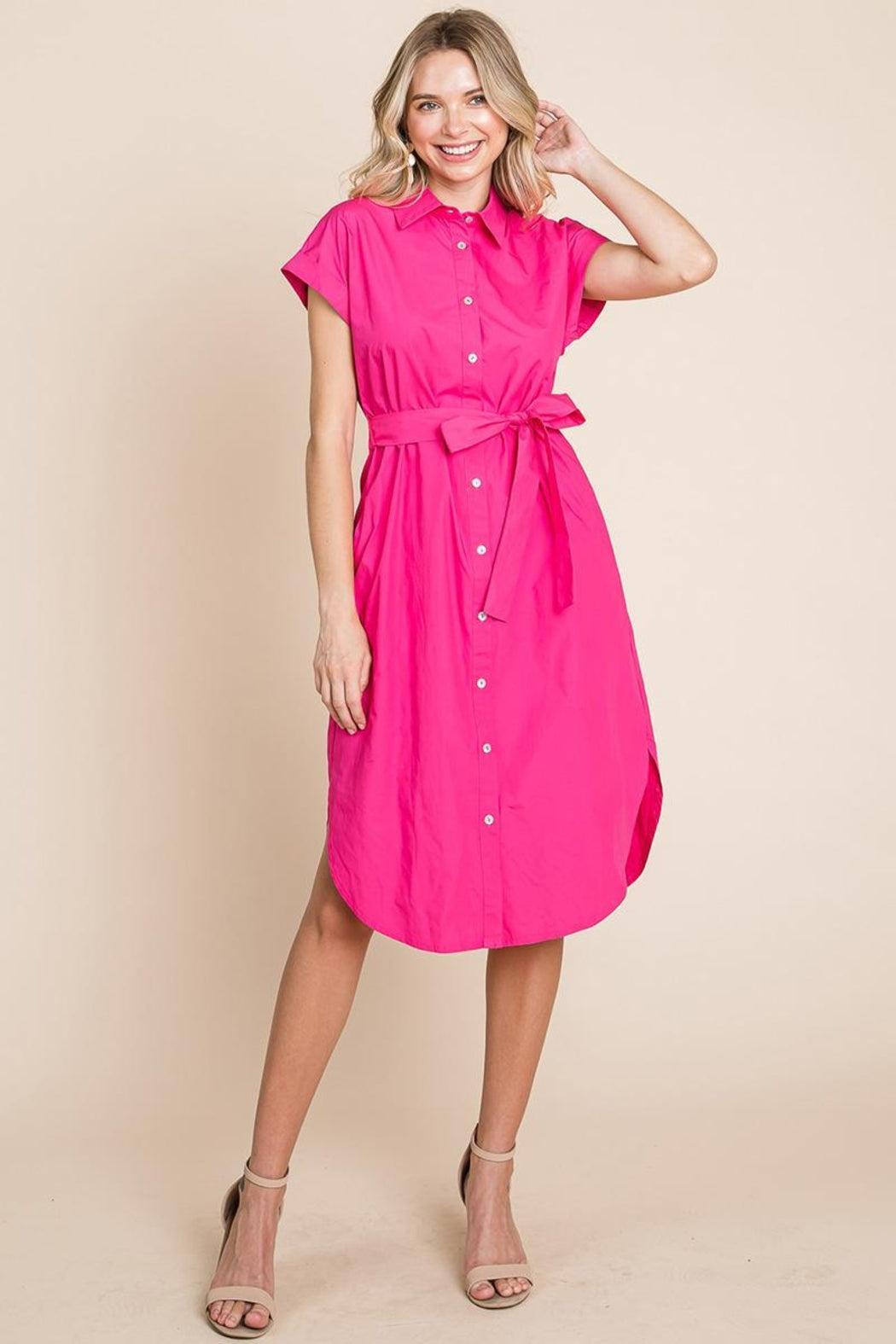 Button Up Tie Waist Poplin Pocketed Shirt Dress Product Image