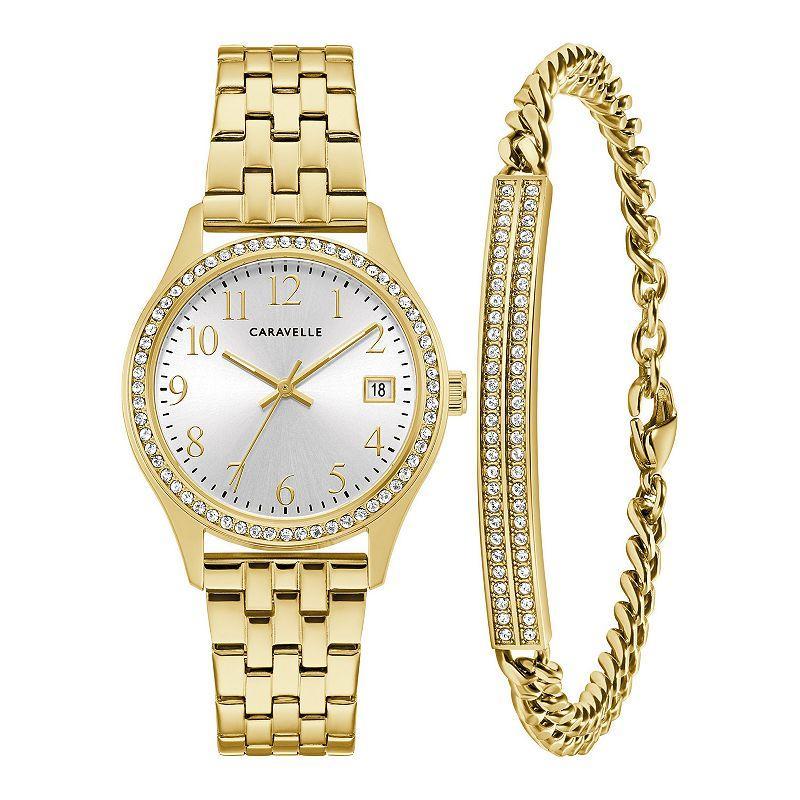 Caravelle by Bulova Womens Crystal Accented Gold Tone Stainless Steel Watch & Crystal Bracelet Box Set Product Image