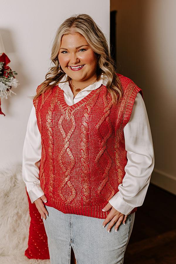 Holiday Party Metallic Knit Vest Top in Red Curves Product Image