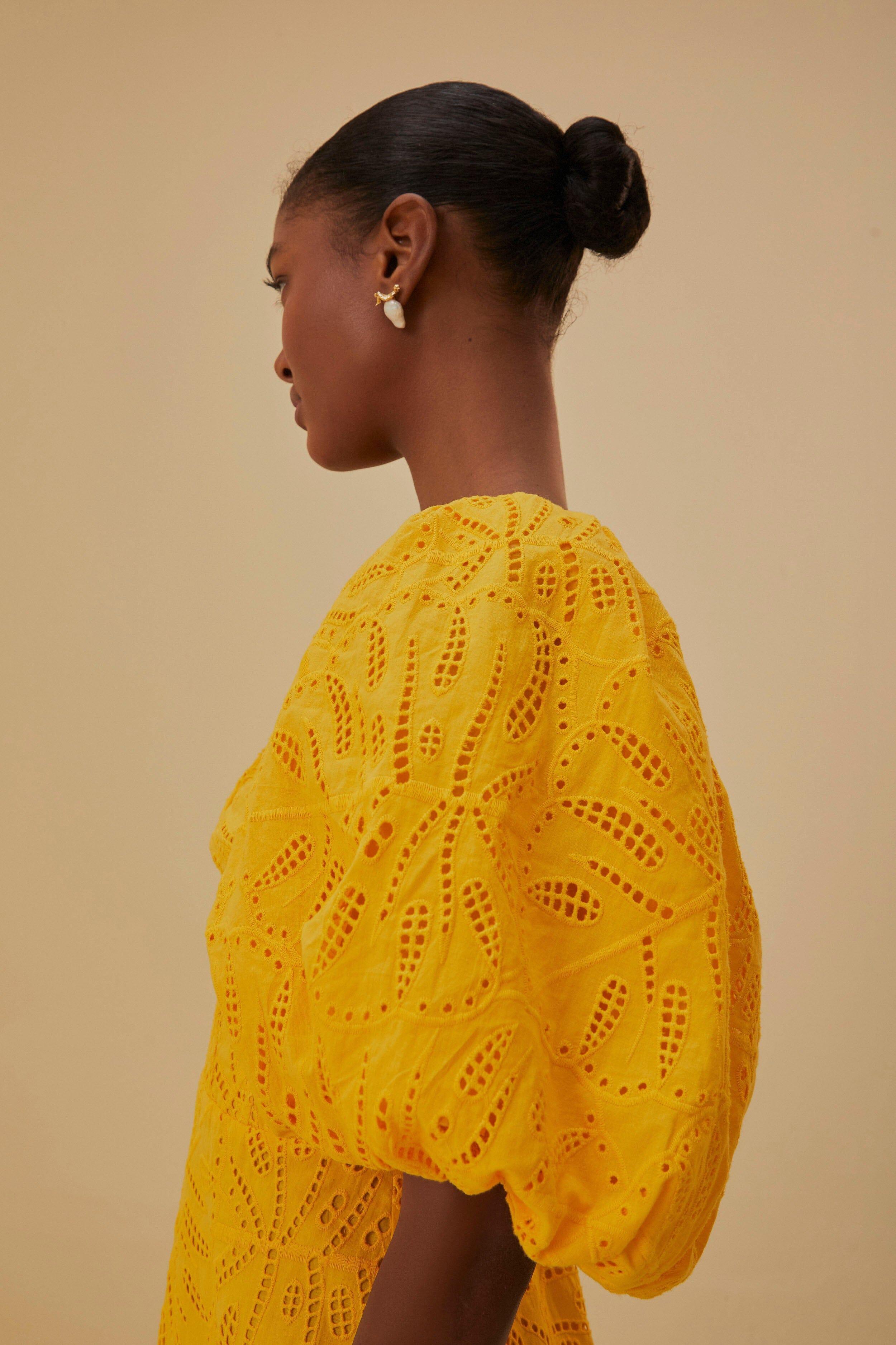 Yellow Monstera Eyelet Short Sleeve Mini Dress Product Image