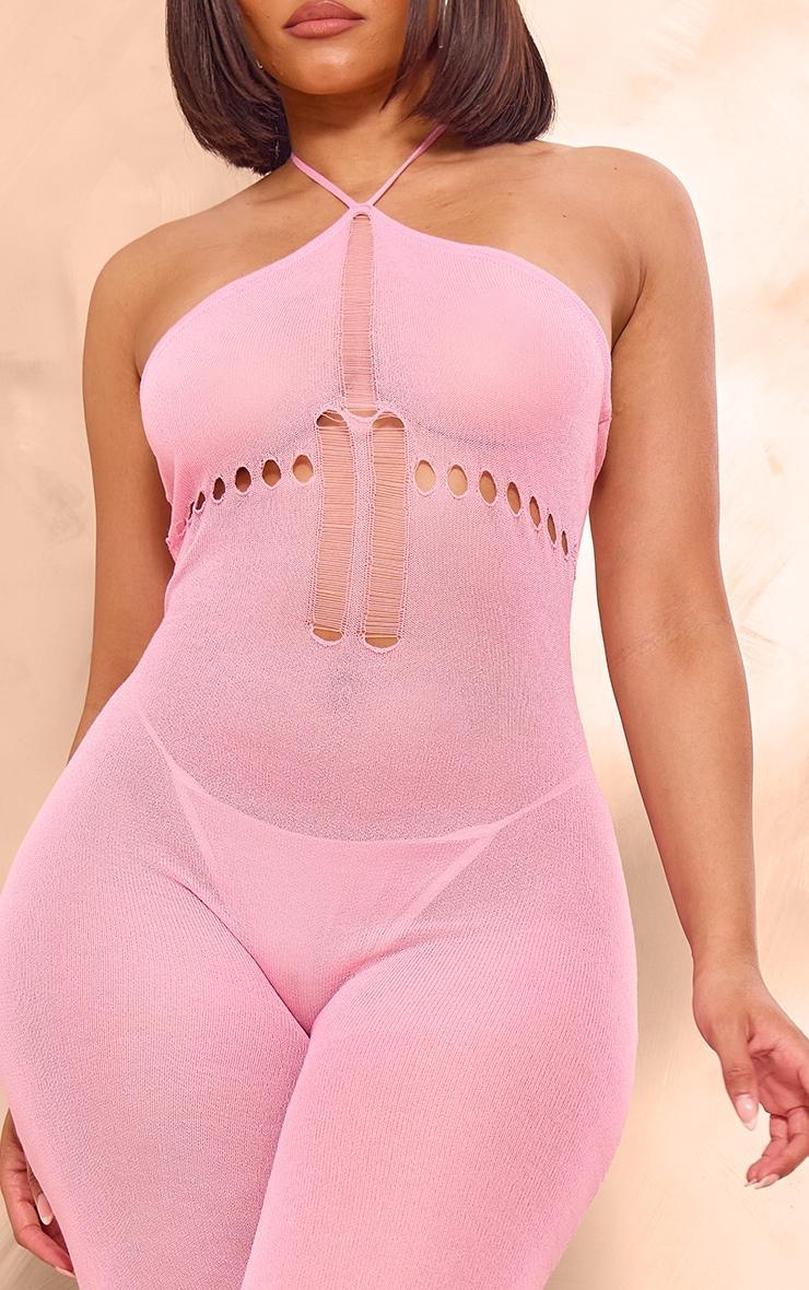 Shape Pink Knit Sheer Halterneck Jumpsuit Product Image