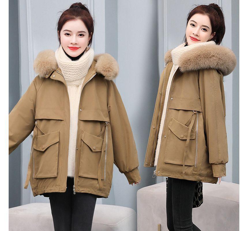 Plain Fluffy Trim Hooded Zip Puffer Parka product image