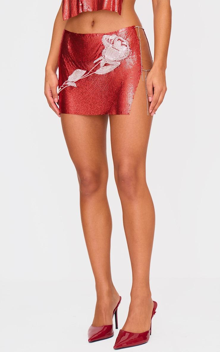 Red Chain Mail Rose Diamante Micro Mini Skirt Product Image