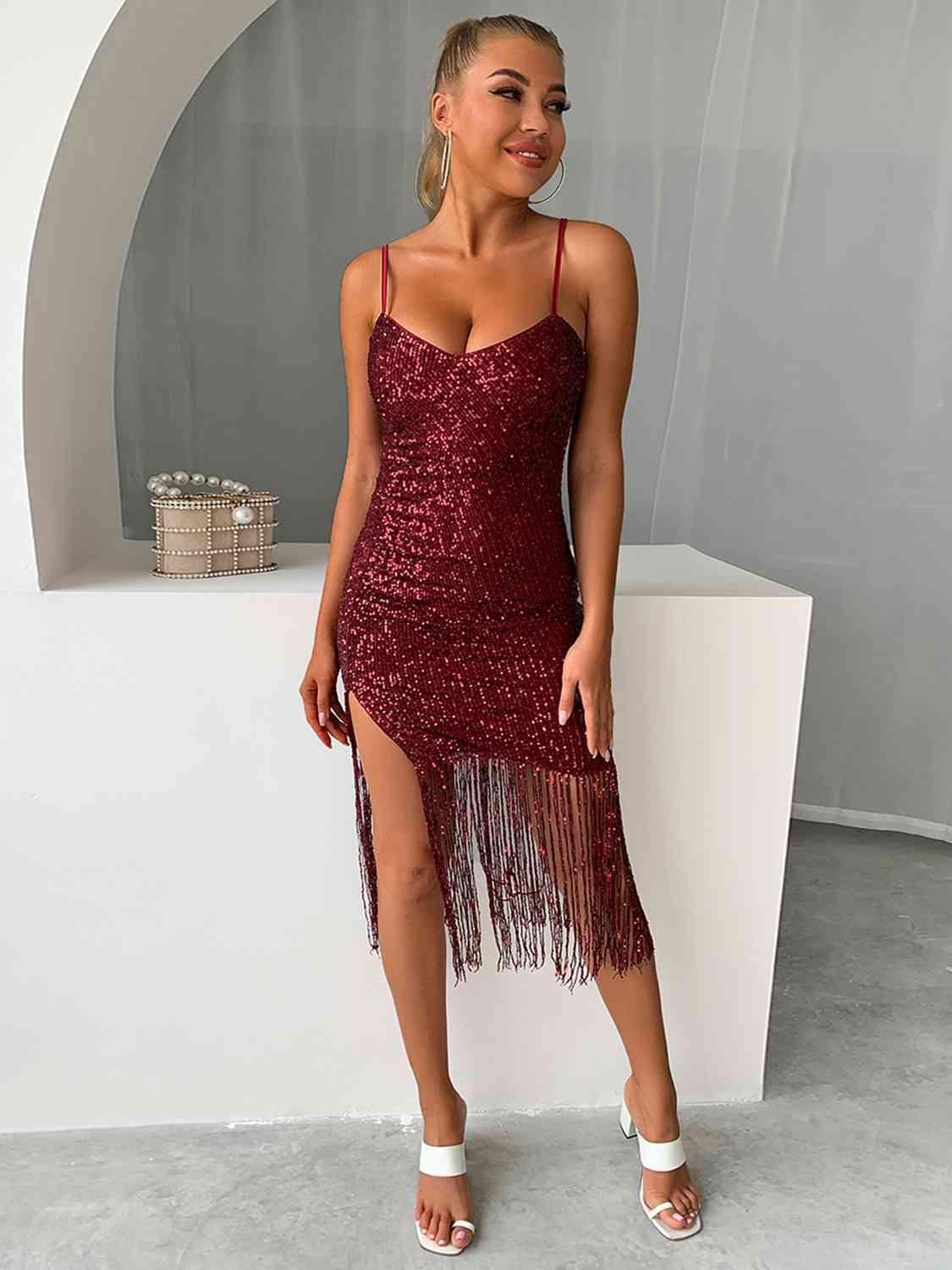 Sequin Fringe Spaghetti Strap Dress Product Image