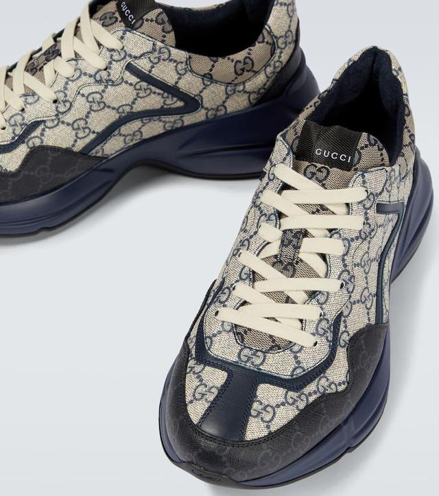 GUCCI Rhyton Leather-trimmed Monogrammed Supreme Coated-canvas Sneakers In Black Blue Product Image