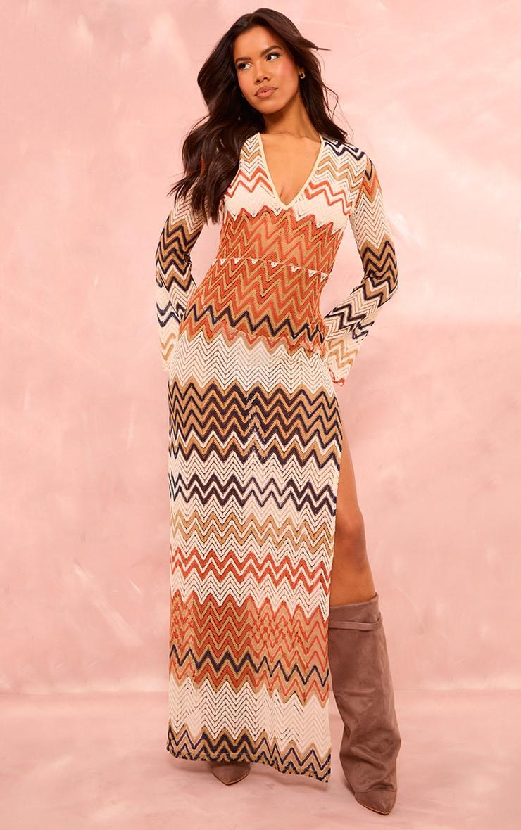 Burnt Orange Chevron Print Lace Maxi Dress Product Image