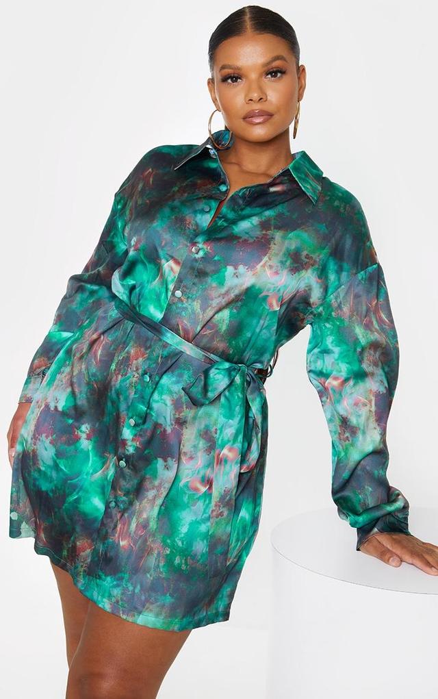 Plus Green Flame Tie Dye Printed Tie Waist Shirt Dress Product Image