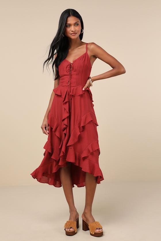 Playful Style Brick Red Lace-Up Ruffled High-Low Midi Dress Product Image