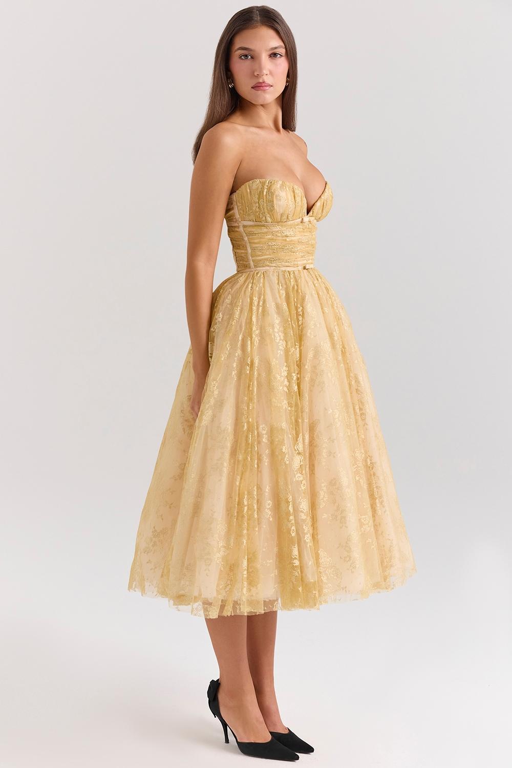 Madame Gold Metallic Lace Tulle Midi Gown Product Image