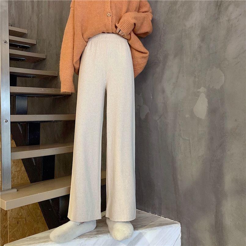 Mid Rise Plain Ribbed Wide Leg Pants (Various Designs) Product Image