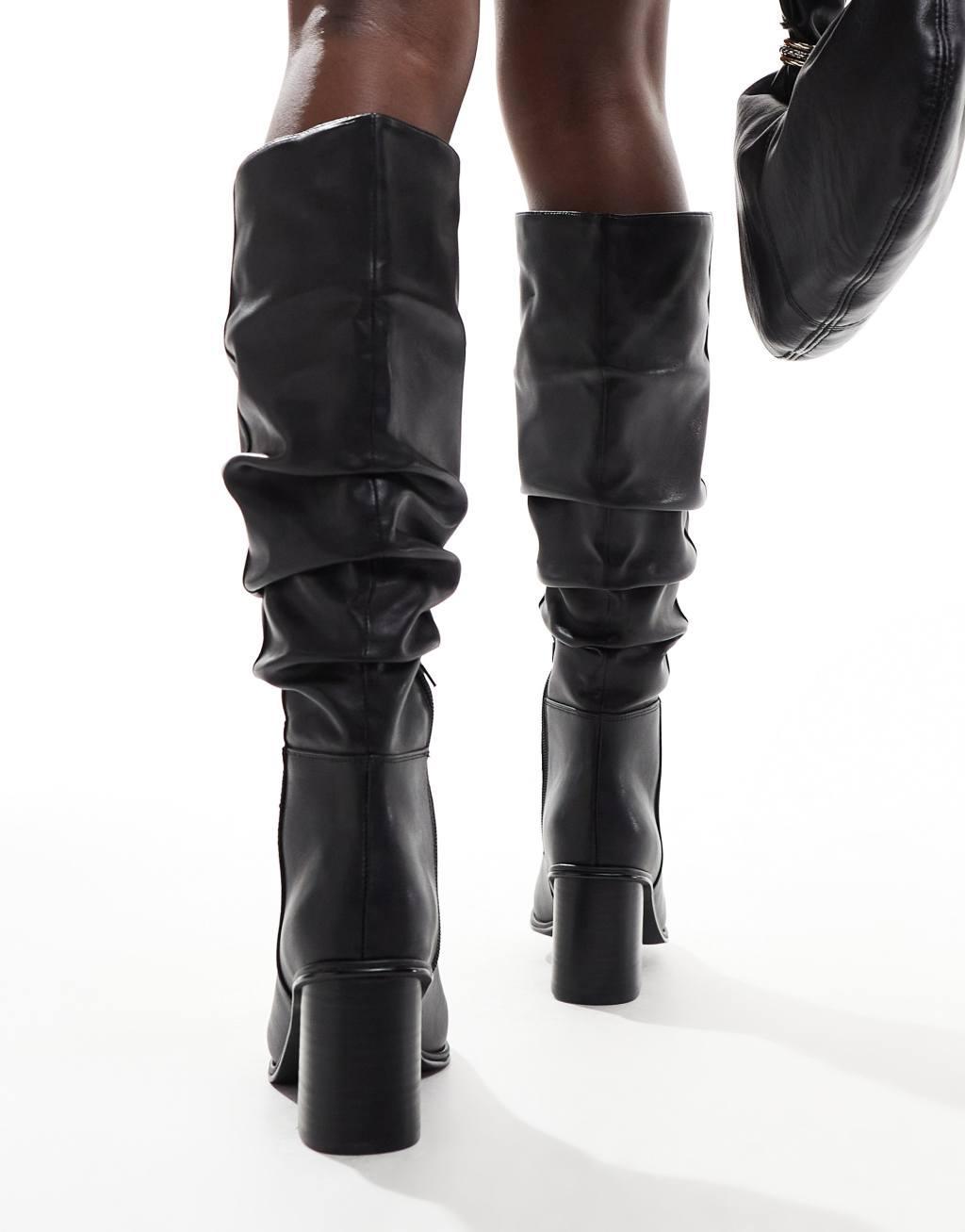 schuh Daria ruched block heeled knee boots in black Product Image