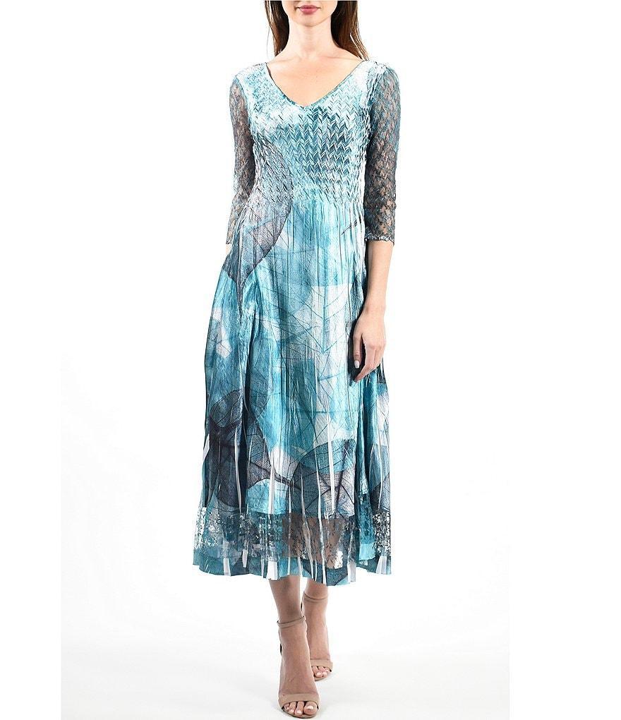 Komarov Pleated Charmeuse V neckline Lace 3/4 Sleeve Dress Product Image