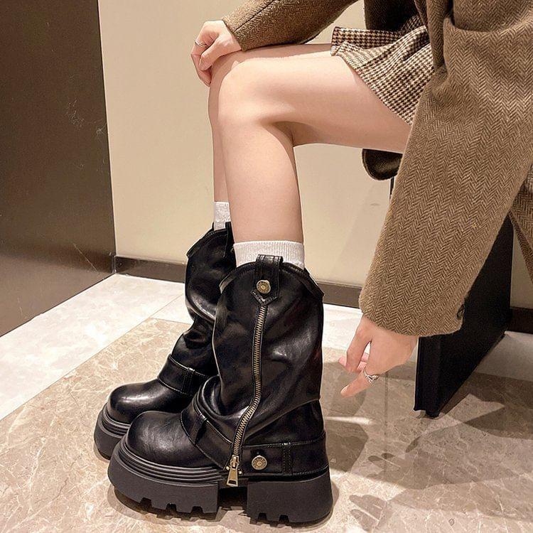 Platform Buckled Panel Zip Mid Calf Boots product image