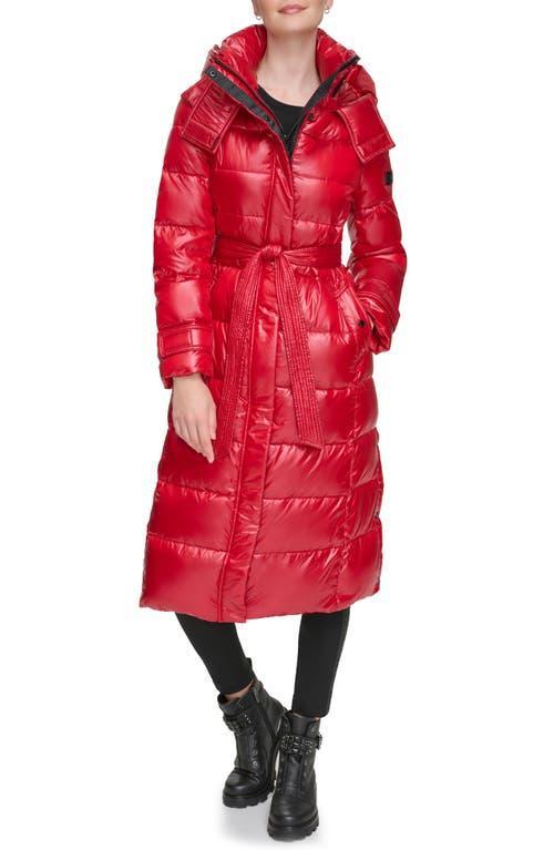 Karl Lagerfeld Paris Contrast Belted Longline Puffer Jacket Product Image