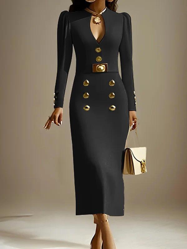 Long Sleeves Puff Sleeves Buttoned Solid Color Deep V-Neck Midi Dresses Product Image