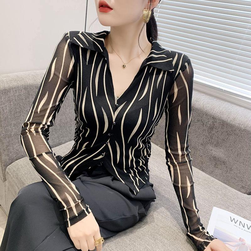 Long Sleeve Zebra Print V-Neck Button Up Blouse Product Image