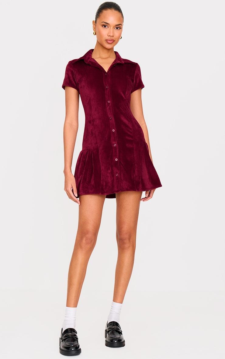 Burgundy Cord Button Down Cap Sleeve Pleated Hem Shift Dress Product Image