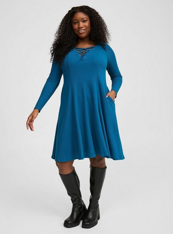 Mini Waffle Long Sleeve Lace Up Neck Fit N Flare Dress Product Image