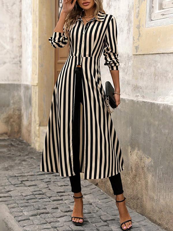 Long Sleeves Loose Buttoned Split-Front Split-Joint Striped Lapel Blouses&Shirts Tops Product Image