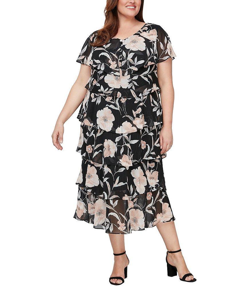 Ignite Evenings Plus Size Floral Chiffon Tiered Midi Dress Product Image