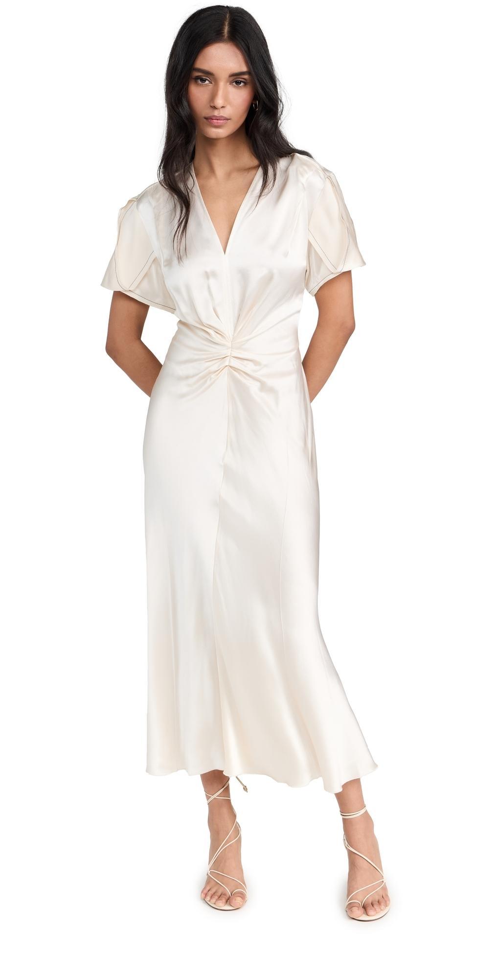 Gathered V Neck Midi Dress Ivory Product Image