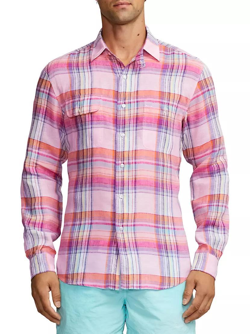 Plaid Linen Long-Sleeve Sport Shirt Product Image