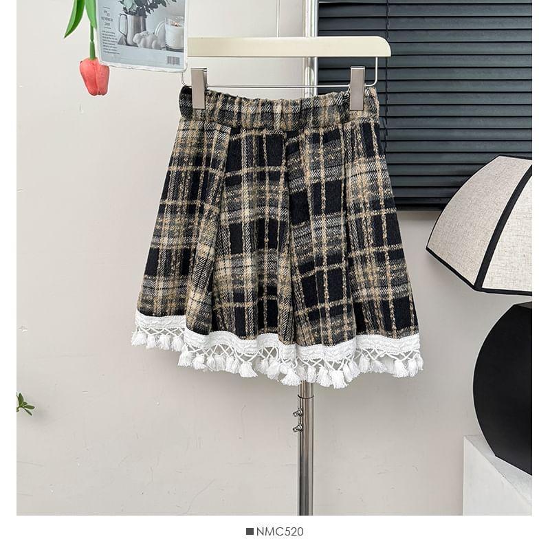 Fringed Plaid Mini Skirt Product Image