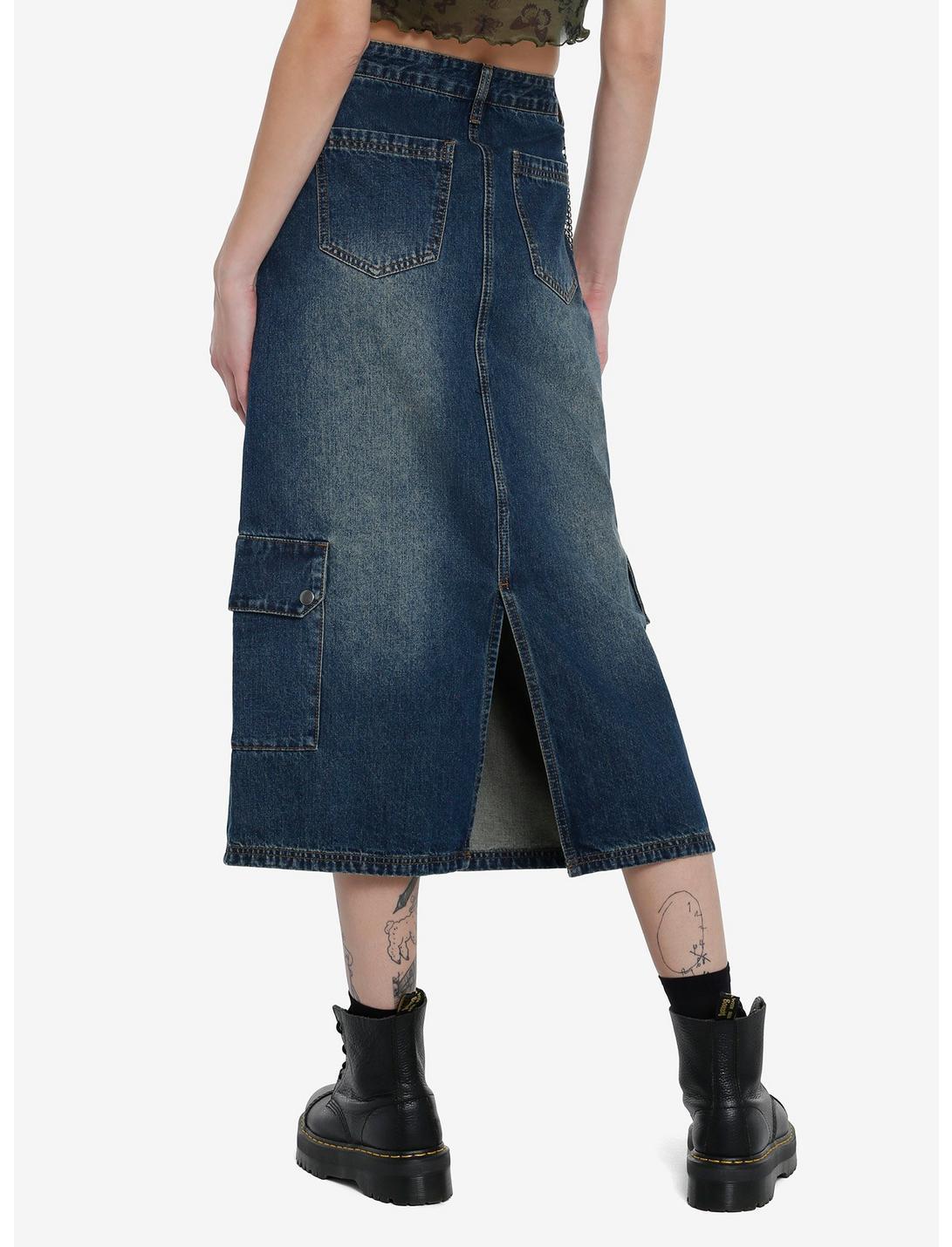 Social Collision Dark Wash Cargo Denim Midi Skirt With Chain Product Image