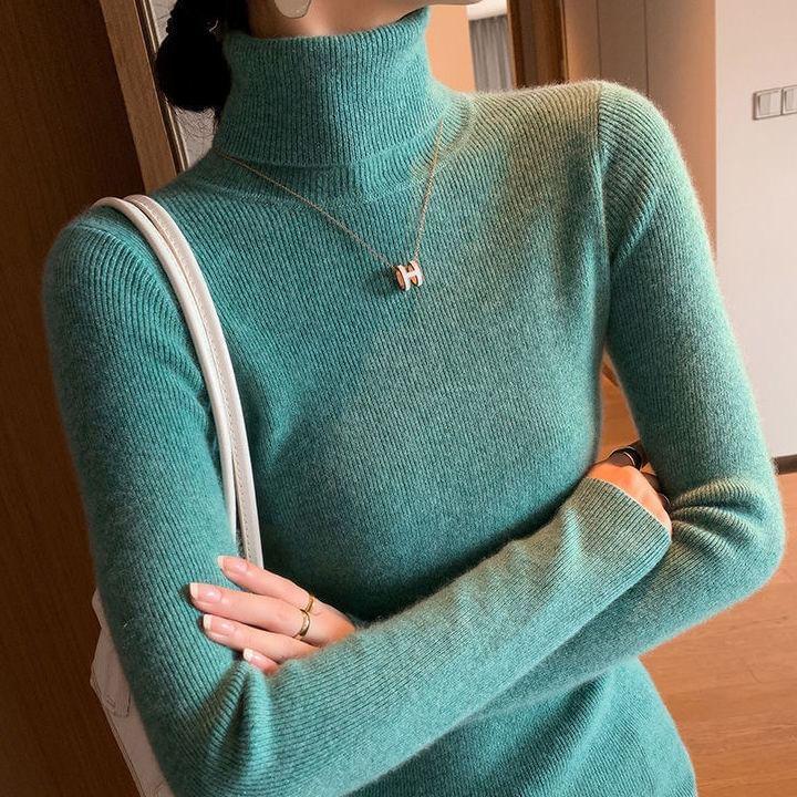 Turtleneck Long Sleeve Plain Ribbed Knit Top Product Image