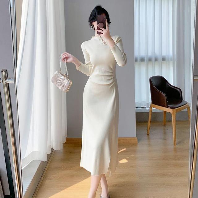 Long-Sleeve Stand Collar Plain Ruched Frog Buttoned Slit Midi A-Line Knit Dress Product Image