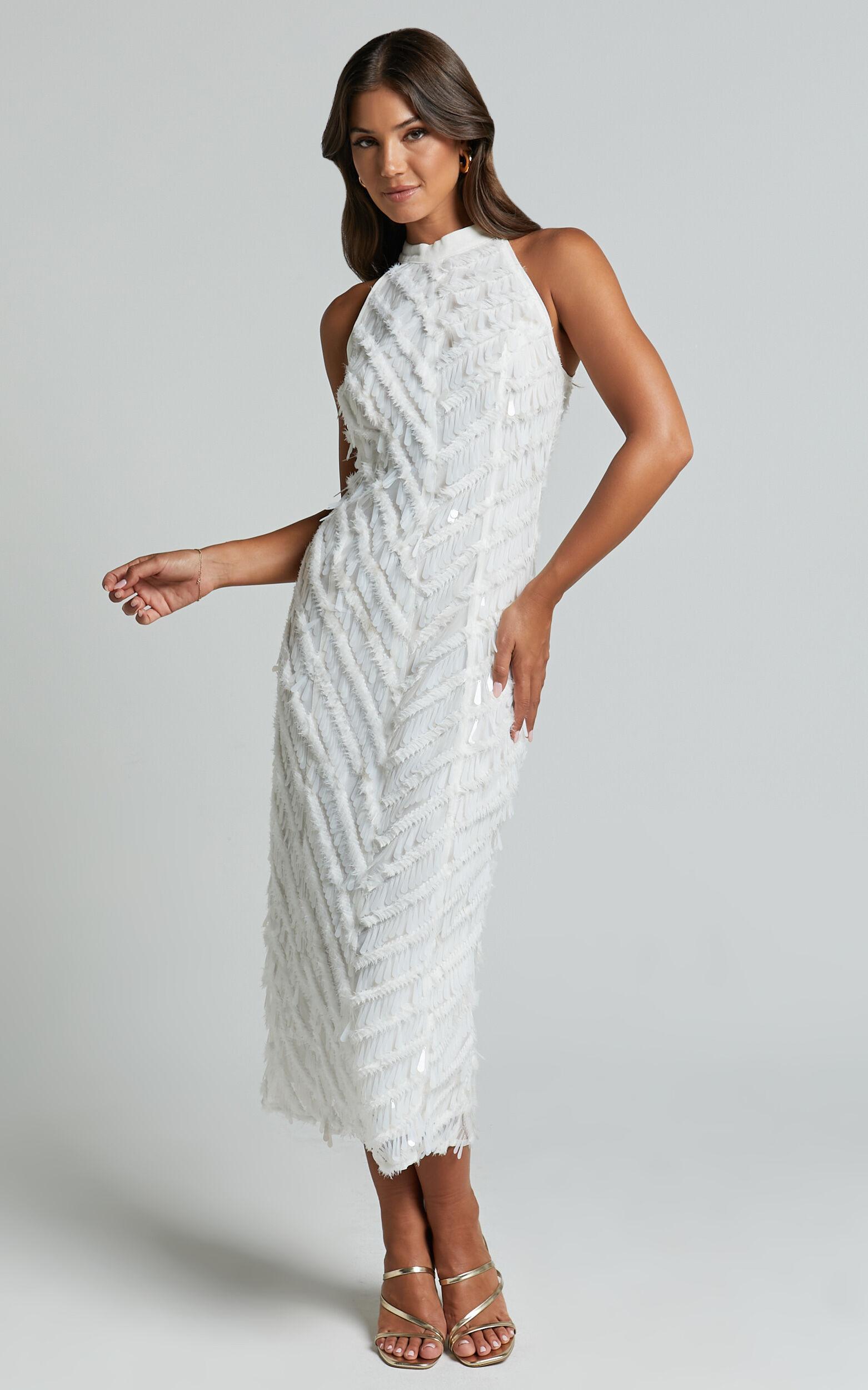 Maldivia Midi Dress - High Neck Sequin Dress in Off White Product Image