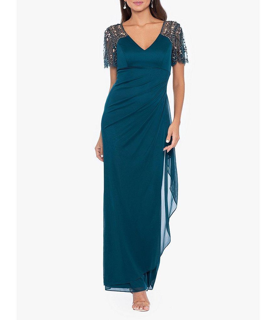 Xscape Short Beaded Sheer Flutter Sleeve Cascading Draped Waist V-Neck Beaded Gown Product Image