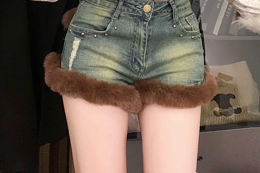 High Waist Faux Fur Trim Washed Denim Shorts Product Image