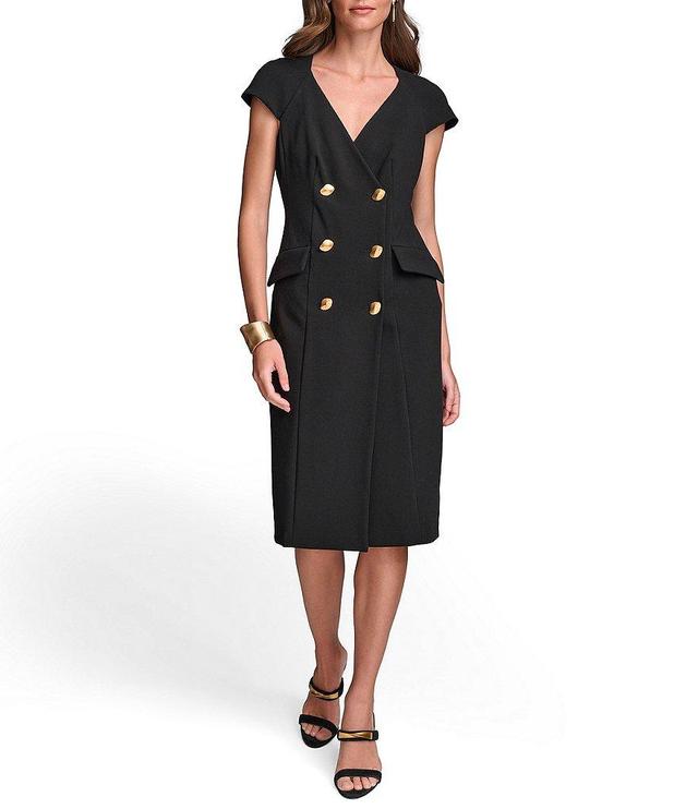 Donna Karan Short Sleeve V-Neck Button Front Crepe Dress Product Image