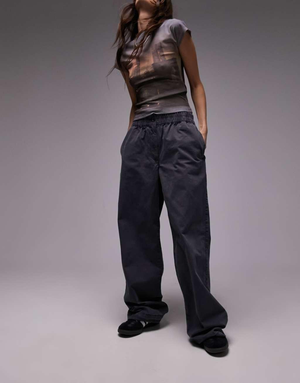 Topshop pull-on button front straight leg pants in charcoal product image