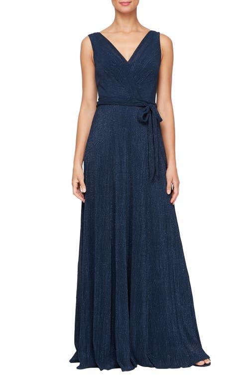 Alex Evenings Long Glitter Mesh Dress with Surplice Neckline and Tie Belt Women's Dress Product Image