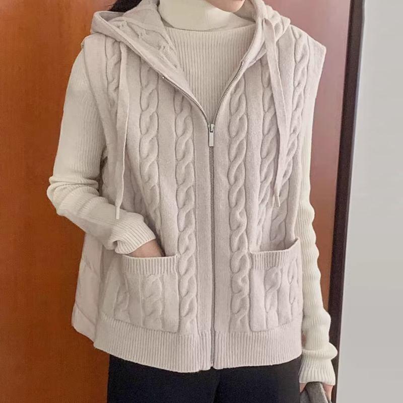 Plain Hood Cable Knit Zip Sweater Vest product image